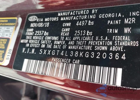 2019 Kia Optima Lx из США, поврежденный, VIN 5XXGT4L38KG320364